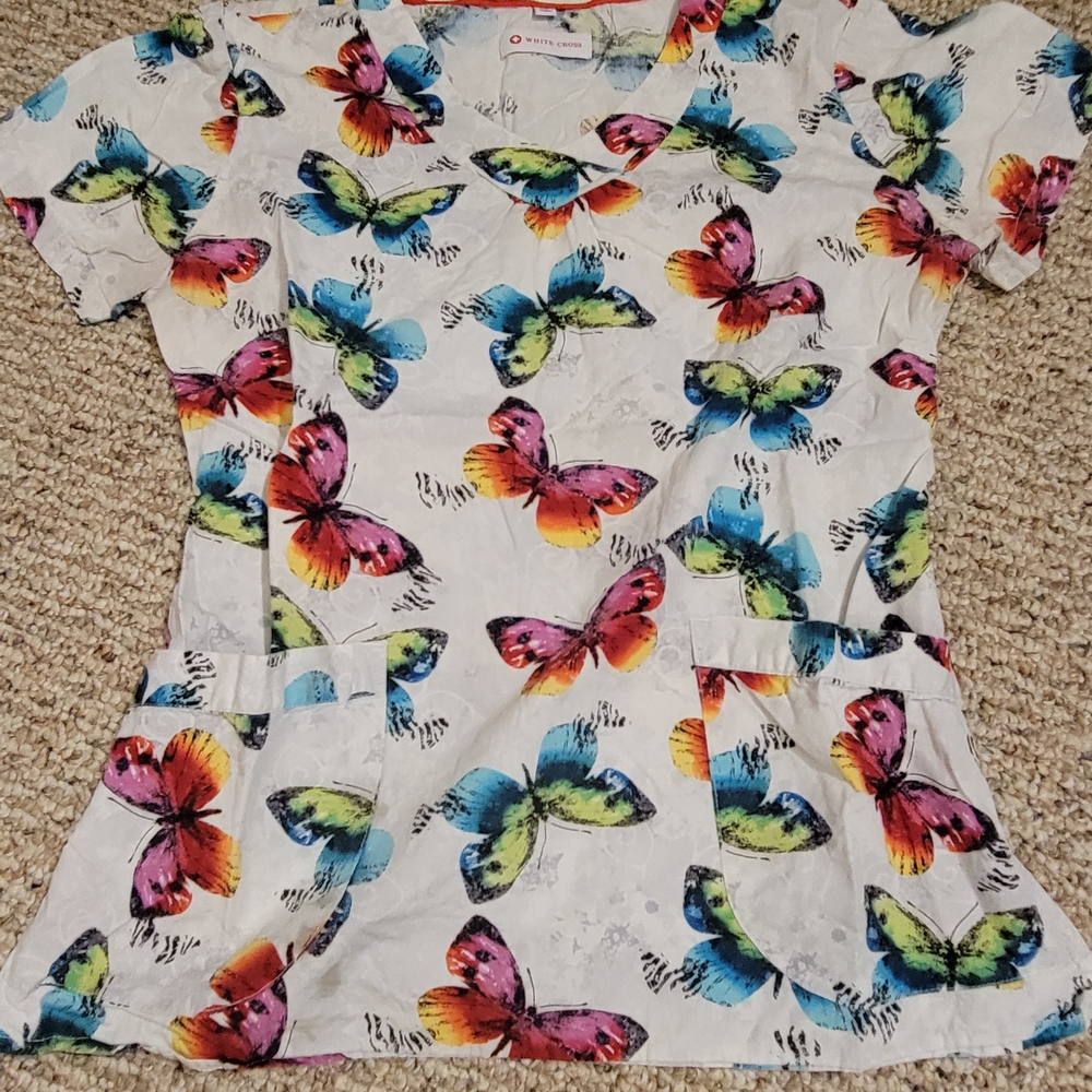 White Cross Multicolor Butterfly Print Short Sleeve Top